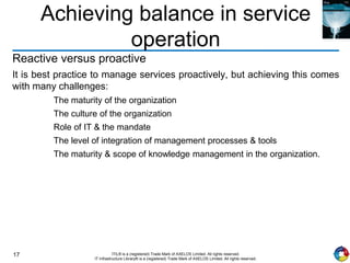 17 ITIL® is a (registered) Trade Mark of AXELOS Limited. All rights reserved.
IT Infrastructure Library® is a (registered) Trade Mark of AXELOS Limited. All rights reserved.
Achieving balance in service
operation
Reactive versus proactive
It is best practice to manage services proactively, but achieving this comes
with many challenges:
The maturity of the organization
The culture of the organization
Role of IT & the mandate
The level of integration of management processes & tools
The maturity & scope of knowledge management in the organization.
 
