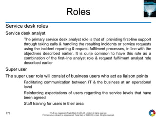 173 ITIL® is a (registered) Trade Mark of AXELOS Limited. All rights reserved.
IT Infrastructure Library® is a (registered) Trade Mark of AXELOS Limited. All rights reserved.
Roles
Service desk roles
Service desk analyst
The primary service desk analyst role is that of providing first-line support
through taking calls & handling the resulting incidents or service requests
using the incident reporting & request fulfilment processes, in line with the
objectives described earlier. It is quite common to have this role as a
combination of the first-line analyst role & request fulfilment analyst role
described earlier
Super user
The super user role will consist of business users who act as liaison points
Facilitating communication between IT & the business at an operational
level
Reinforcing expectations of users regarding the service levels that have
been agreed
Staff training for users in their area
 