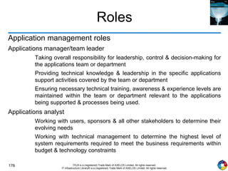 176 ITIL® is a (registered) Trade Mark of AXELOS Limited. All rights reserved.
IT Infrastructure Library® is a (registered) Trade Mark of AXELOS Limited. All rights reserved.
Roles
Application management roles
Applications manager/team leader
Taking overall responsibility for leadership, control & decision-making for
the applications team or department
Providing technical knowledge & leadership in the specific applications
support activities covered by the team or department
Ensuring necessary technical training, awareness & experience levels are
maintained within the team or department relevant to the applications
being supported & processes being used.
Applications analyst
Working with users, sponsors & all other stakeholders to determine their
evolving needs
Working with technical management to determine the highest level of
system requirements required to meet the business requirements within
budget & technology constraints
 