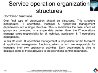 192 ITIL® is a (registered) Trade Mark of AXELOS Limited. All rights reserved.
IT Infrastructure Library® is a (registered) Trade Mark of AXELOS Limited. All rights reserved.
Service operation organization
structures
Combined functions
One final type of organization should be discussed. This structure
incorporates IT operations, technical & application management
departments into a single structure. This is sometimes the case where all
groups are co-located in a single data centre. Here, the IT operations
manager takes responsibility for all technical, application & IT operations
management.
In this structure, IT operations management is responsible for the technical
& application management functions, which in turn are responsible for
managing their own operational activities. Each department is able to
delegate some of these activities to the operations control department.
 