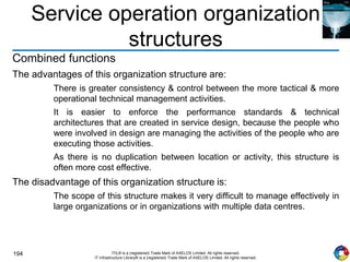 194 ITIL® is a (registered) Trade Mark of AXELOS Limited. All rights reserved.
IT Infrastructure Library® is a (registered) Trade Mark of AXELOS Limited. All rights reserved.
Service operation organization
structures
Combined functions
The advantages of this organization structure are:
There is greater consistency & control between the more tactical & more
operational technical management activities.
It is easier to enforce the performance standards & technical
architectures that are created in service design, because the people who
were involved in design are managing the activities of the people who are
executing those activities.
As there is no duplication between location or activity, this structure is
often more cost effective.
The disadvantage of this organization structure is:
The scope of this structure makes it very difficult to manage effectively in
large organizations or in organizations with multiple data centres.
 