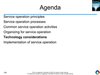 195 ITIL® is a (registered) Trade Mark of AXELOS Limited. All rights reserved.
IT Infrastructure Library® is a (registered) Trade Mark of AXELOS Limited. All rights reserved.
Agenda
Service operation principles
Service operation processes
Common service operation activities
Organizing for service operation
Technology considerations
Implementation of service operation
 
