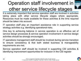 20 ITIL® is a (registered) Trade Mark of AXELOS Limited. All rights reserved.
IT Infrastructure Library® is a (registered) Trade Mark of AXELOS Limited. All rights reserved.
Operation staff involvement in
other service lifecycle stages
It is extremely important that service operation staff are involved in activities
taking place with other service lifecycle stages where appropriate.
Resources must be made available for these activities & the time required
should be taken into account:
IT operation staff play an important assistance role in supporting service
strategy activities e.g. identifying operational risks.
One key to achieving balance in service operation is an effective set of
service design processes & service operation involvement in service design
activities should be strongly encouraged.
IT operations management staff should be involved during service transition
to ensure consistency & that both stated business & manageability
requirements are met.
Service operation staff should be involved in supporting CSI activities &
identifying improvement opportunities for inclusion in the CSI register
 