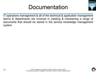 23 ITIL® is a (registered) Trade Mark of AXELOS Limited. All rights reserved.
IT Infrastructure Library® is a (registered) Trade Mark of AXELOS Limited. All rights reserved.
Documentation
IT operations management & all of the technical & application management
teams & departments are involved in creating & maintaining a range of
documents that should be stored in the service knowledge management
system
 