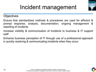 43 ITIL® is a (registered) Trade Mark of AXELOS Limited. All rights reserved.
IT Infrastructure Library® is a (registered) Trade Mark of AXELOS Limited. All rights reserved.
Incident management
Objectives
Ensure that standardized methods & procedures are used for efficient &
prompt response, analysis, documentation, ongoing management &
reporting of incidents
Increase visibility & communication of incidents to business & IT support
staff
Enhance business perception of IT through use of a professional approach
in quickly resolving & communicating incidents when they occur
 