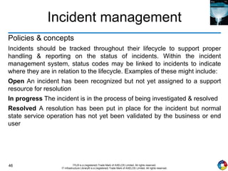 46 ITIL® is a (registered) Trade Mark of AXELOS Limited. All rights reserved.
IT Infrastructure Library® is a (registered) Trade Mark of AXELOS Limited. All rights reserved.
Incident management
Policies & concepts
Incidents should be tracked throughout their lifecycle to support proper
handling & reporting on the status of incidents. Within the incident
management system, status codes may be linked to incidents to indicate
where they are in relation to the lifecycle. Examples of these might include:
Open An incident has been recognized but not yet assigned to a support
resource for resolution
In progress The incident is in the process of being investigated & resolved
Resolved A resolution has been put in place for the incident but normal
state service operation has not yet been validated by the business or end
user
 