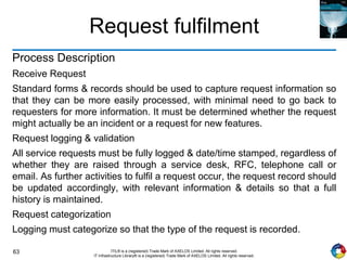 63 ITIL® is a (registered) Trade Mark of AXELOS Limited. All rights reserved.
IT Infrastructure Library® is a (registered) Trade Mark of AXELOS Limited. All rights reserved.
Request fulfilment
Process Description
Receive Request
Standard forms & records should be used to capture request information so
that they can be more easily processed, with minimal need to go back to
requesters for more information. It must be determined whether the request
might actually be an incident or a request for new features.
Request logging & validation
All service requests must be fully logged & date/time stamped, regardless of
whether they are raised through a service desk, RFC, telephone call or
email. As further activities to fulfil a request occur, the request record should
be updated accordingly, with relevant information & details so that a full
history is maintained.
Request categorization
Logging must categorize so that the type of the request is recorded.
 