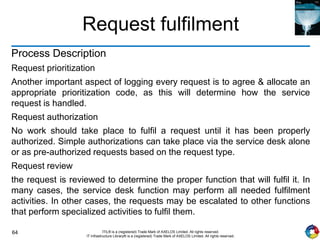 64 ITIL® is a (registered) Trade Mark of AXELOS Limited. All rights reserved.
IT Infrastructure Library® is a (registered) Trade Mark of AXELOS Limited. All rights reserved.
Request fulfilment
Process Description
Request prioritization
Another important aspect of logging every request is to agree & allocate an
appropriate prioritization code, as this will determine how the service
request is handled.
Request authorization
No work should take place to fulfil a request until it has been properly
authorized. Simple authorizations can take place via the service desk alone
or as pre-authorized requests based on the request type.
Request review
the request is reviewed to determine the proper function that will fulfil it. In
many cases, the service desk function may perform all needed fulfilment
activities. In other cases, the requests may be escalated to other functions
that perform specialized activities to fulfil them.
 