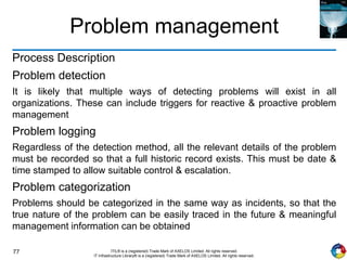 77 ITIL® is a (registered) Trade Mark of AXELOS Limited. All rights reserved.
IT Infrastructure Library® is a (registered) Trade Mark of AXELOS Limited. All rights reserved.
Problem management
Process Description
Problem detection
It is likely that multiple ways of detecting problems will exist in all
organizations. These can include triggers for reactive & proactive problem
management
Problem logging
Regardless of the detection method, all the relevant details of the problem
must be recorded so that a full historic record exists. This must be date &
time stamped to allow suitable control & escalation.
Problem categorization
Problems should be categorized in the same way as incidents, so that the
true nature of the problem can be easily traced in the future & meaningful
management information can be obtained
 