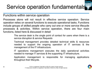 8 ITIL® is a (registered) Trade Mark of AXELOS Limited. All rights reserved.
IT Infrastructure Library® is a (registered) Trade Mark of AXELOS Limited. All rights reserved.
Service operation fundamentals
Functions within service operation
Processes alone will not result in effective service operation. Service
operation relies on several functions to execute operational tasks. Functions
include groups of skilled people who carry out one or more service lifecycle
processes & activities. Within service operation, there are four main
functions, listed here & discussed in detail
The service desk is the single point of contact for users when there is a
service disruption & service Requests
Technical management provides detailed technical skills & resources
needed to support the ongoing operation of IT services & the
management of the IT infrastructure.
IT operations management executes the daily operational activities
needed to manage IT services & the supporting IT infrastructure.
Application management is responsible for managing applications
throughout their lifecycle.
 