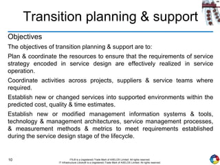 10 ITIL® is a (registered) Trade Mark of AXELOS Limited. All rights reserved.
IT Infrastructure Library® is a (registered) Trade Mark of AXELOS Limited. All rights reserved.
Transition planning & support
Objectives
The objectives of transition planning & support are to:
Plan & coordinate the resources to ensure that the requirements of service
strategy encoded in service design are effectively realized in service
operation.
Coordinate activities across projects, suppliers & service teams where
required.
Establish new or changed services into supported environments within the
predicted cost, quality & time estimates.
Establish new or modified management information systems & tools,
technology & management architectures, service management processes,
& measurement methods & metrics to meet requirements established
during the service design stage of the lifecycle.
 