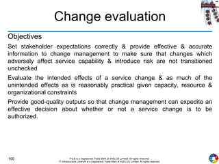 100 ITIL® is a (registered) Trade Mark of AXELOS Limited. All rights reserved.
IT Infrastructure Library® is a (registered) Trade Mark of AXELOS Limited. All rights reserved.
Change evaluation
Objectives
Set stakeholder expectations correctly & provide effective & accurate
information to change management to make sure that changes which
adversely affect service capability & introduce risk are not transitioned
unchecked
Evaluate the intended effects of a service change & as much of the
unintended effects as is reasonably practical given capacity, resource &
organizational constraints
Provide good-quality outputs so that change management can expedite an
effective decision about whether or not a service change is to be
authorized.
 