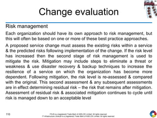 110 ITIL® is a (registered) Trade Mark of AXELOS Limited. All rights reserved.
IT Infrastructure Library® is a (registered) Trade Mark of AXELOS Limited. All rights reserved.
Change evaluation
Risk management
Each organization should have its own approach to risk management, but
this will often be based on one or more of these best practice approaches.
A proposed service change must assess the existing risks within a service
& the predicted risks following implementation of the change. If the risk level
has increased then the second stage of risk management is used to
mitigate the risk. Mitigation may include steps to eliminate a threat or
weakness & use disaster recovery & backup techniques to increase the
resilience of a service on which the organization has become more
dependent. Following mitigation, the risk level is re-assessed & compared
with the original. This second assessment & any subsequent assessments
are in effect determining residual risk – the risk that remains after mitigation.
Assessment of residual risk & associated mitigation continues to cycle until
risk is managed down to an acceptable level
 