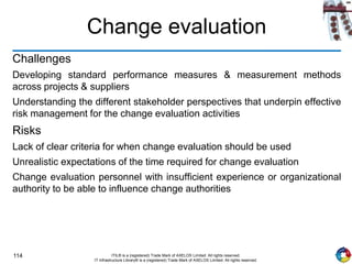 114 ITIL® is a (registered) Trade Mark of AXELOS Limited. All rights reserved.
IT Infrastructure Library® is a (registered) Trade Mark of AXELOS Limited. All rights reserved.
Change evaluation
Challenges
Developing standard performance measures & measurement methods
across projects & suppliers
Understanding the different stakeholder perspectives that underpin effective
risk management for the change evaluation activities
Risks
Lack of clear criteria for when change evaluation should be used
Unrealistic expectations of the time required for change evaluation
Change evaluation personnel with insufficient experience or organizational
authority to be able to influence change authorities
 