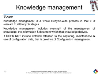 117 ITIL® is a (registered) Trade Mark of AXELOS Limited. All rights reserved.
IT Infrastructure Library® is a (registered) Trade Mark of AXELOS Limited. All rights reserved.
Knowledge management
Scope
Knowledge management is a whole lifecycle-wide process in that it is
relevant to all lifecycle stages
Knowledge management includes oversight of the management of
knowledge, the information & data from which that knowledge derives.
It DOES NOT include detailed attention to the capturing, maintenance &
use of configuration data, that is province of Configuration management
 