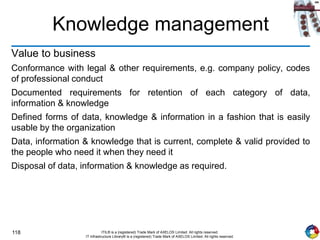 118 ITIL® is a (registered) Trade Mark of AXELOS Limited. All rights reserved.
IT Infrastructure Library® is a (registered) Trade Mark of AXELOS Limited. All rights reserved.
Knowledge management
Value to business
Conformance with legal & other requirements, e.g. company policy, codes
of professional conduct
Documented requirements for retention of each category of data,
information & knowledge
Defined forms of data, knowledge & information in a fashion that is easily
usable by the organization
Data, information & knowledge that is current, complete & valid provided to
the people who need it when they need it
Disposal of data, information & knowledge as required.
 