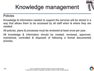 119 ITIL® is a (registered) Trade Mark of AXELOS Limited. All rights reserved.
IT Infrastructure Library® is a (registered) Trade Mark of AXELOS Limited. All rights reserved.
Knowledge management
Policies
Knowledge & information needed to support the services will be stored in a
way that allows them to be accessed by all staff when & where they are
needed.
All policies, plans & processes must be reviewed at least once per year.
All knowledge & information should be created, reviewed, approved,
maintained, controlled & disposed of following a formal documented
process.
 