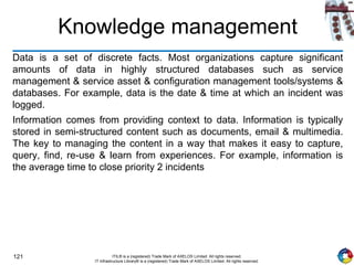 121 ITIL® is a (registered) Trade Mark of AXELOS Limited. All rights reserved.
IT Infrastructure Library® is a (registered) Trade Mark of AXELOS Limited. All rights reserved.
Knowledge management
Data is a set of discrete facts. Most organizations capture significant
amounts of data in highly structured databases such as service
management & service asset & configuration management tools/systems &
databases. For example, data is the date & time at which an incident was
logged.
Information comes from providing context to data. Information is typically
stored in semi-structured content such as documents, email & multimedia.
The key to managing the content in a way that makes it easy to capture,
query, find, re-use & learn from experiences. For example, information is
the average time to close priority 2 incidents
 