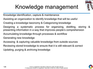 128 ITIL® is a (registered) Trade Mark of AXELOS Limited. All rights reserved.
IT Infrastructure Library® is a (registered) Trade Mark of AXELOS Limited. All rights reserved.
Knowledge management
Knowledge identification, capture & maintenance
Assisting an organization to identify knowledge that will be useful
Creating a knowledge taxonomy & Categorizing knowledge
Designing a systematic process for organizing, distilling, storing &
presenting information in a way that improves people’s comprehension
Accumulating knowledge through processes & workflow
Generating new knowledge
Accessing & capturing valuable knowledge from outside sources
Reviewing stored knowledge to ensure that it is still relevant & correct
Updating, purging & archiving knowledge
 