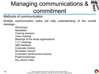 142 ITIL® is a (registered) Trade Mark of AXELOS Limited. All rights reserved.
IT Infrastructure Library® is a (registered) Trade Mark of AXELOS Limited. All rights reserved.
Managing communications &
commitment
Methods of communication
Multiple communication paths will help understanding of the overall
message.
Workshops
Newsletter
Training sessions
Team meeting
Meetings of the whole organisations
1 2 1 meetings
Q&A feedback
Corporate intranet
Simulation Games
Consistent reinforcement memos
Posters/roadmaps
Pay advice notes
 