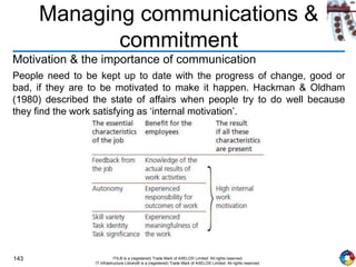 143 ITIL® is a (registered) Trade Mark of AXELOS Limited. All rights reserved.
IT Infrastructure Library® is a (registered) Trade Mark of AXELOS Limited. All rights reserved.
Managing communications &
commitment
Motivation & the importance of communication
People need to be kept up to date with the progress of change, good or
bad, if they are to be motivated to make it happen. Hackman & Oldham
(1980) described the state of affairs when people try to do well because
they find the work satisfying as ‘internal motivation’.
 
