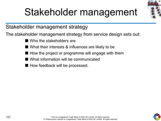 157 ITIL® is a (registered) Trade Mark of AXELOS Limited. All rights reserved.
IT Infrastructure Library® is a (registered) Trade Mark of AXELOS Limited. All rights reserved.
Stakeholder management
Stakeholder management strategy
The stakeholder management strategy from service design sets out:
■ Who the stakeholders are
■ What their interests & influences are likely to be
■ How the project or programme will engage with them
■ What information will be communicated
■ How feedback will be processed.
 