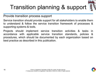 16 ITIL® is a (registered) Trade Mark of AXELOS Limited. All rights reserved.
IT Infrastructure Library® is a (registered) Trade Mark of AXELOS Limited. All rights reserved.
Transition planning & support
Provide transition process support
Service transition should provide support for all stakeholders to enable them
to understand & follow the service transition framework of processes &
supporting systems & tools.
Projects should implement service transition activities & tasks in
accordance with applicable service transition standards, policies &
procedures, which should be documented by each organization based on
best practice as described in this publication.
 