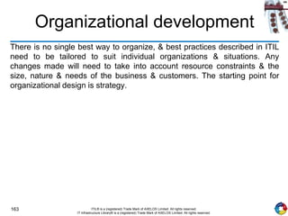 163 ITIL® is a (registered) Trade Mark of AXELOS Limited. All rights reserved.
IT Infrastructure Library® is a (registered) Trade Mark of AXELOS Limited. All rights reserved.
Organizational development
There is no single best way to organize, & best practices described in ITIL
need to be tailored to suit individual organizations & situations. Any
changes made will need to take into account resource constraints & the
size, nature & needs of the business & customers. The starting point for
organizational design is strategy.
 