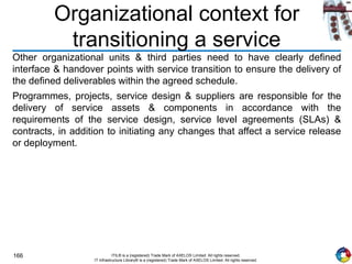 166 ITIL® is a (registered) Trade Mark of AXELOS Limited. All rights reserved.
IT Infrastructure Library® is a (registered) Trade Mark of AXELOS Limited. All rights reserved.
Organizational context for
transitioning a service
Other organizational units & third parties need to have clearly defined
interface & handover points with service transition to ensure the delivery of
the defined deliverables within the agreed schedule.
Programmes, projects, service design & suppliers are responsible for the
delivery of service assets & components in accordance with the
requirements of the service design, service level agreements (SLAs) &
contracts, in addition to initiating any changes that affect a service release
or deployment.
 