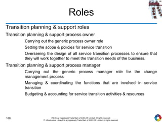 168 ITIL® is a (registered) Trade Mark of AXELOS Limited. All rights reserved.
IT Infrastructure Library® is a (registered) Trade Mark of AXELOS Limited. All rights reserved.
Roles
Transition planning & support roles
Transition planning & support process owner
Carrying out the generic process owner role
Setting the scope & policies for service transition
Overseeing the design of all service transition processes to ensure that
they will work together to meet the transition needs of the business.
Transition planning & support process manager
Carrying out the generic process manager role for the change
management process
Managing & coordinating the functions that are involved in service
transition
Budgeting & accounting for service transition activities & resources
 