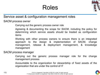 172 ITIL® is a (registered) Trade Mark of AXELOS Limited. All rights reserved.
IT Infrastructure Library® is a (registered) Trade Mark of AXELOS Limited. All rights reserved.
Roles
Service asset & configuration management roles
SACM process owner
Carrying out the generic process owner role
Agreeing & documenting the scope for SACM, including the policy for
determining which service assets should be treated as configuration
items
Working with other process owners to ensure there is an integrated
approach to the design & implementation of SACM, change
management, release & deployment management, & knowledge
management
SACM process manager
Carrying out the generic process manager role for the change
management process
Accountable to the organization for stewardship of fixed assets of the
organization that are under the control of IT
 