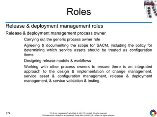 174 ITIL® is a (registered) Trade Mark of AXELOS Limited. All rights reserved.
IT Infrastructure Library® is a (registered) Trade Mark of AXELOS Limited. All rights reserved.
Roles
Release & deployment management roles
Release & deployment management process owner
Carrying out the generic process owner role
Agreeing & documenting the scope for SACM, including the policy for
determining which service assets should be treated as configuration
items
Designing release models & workflows
Working with other process owners to ensure there is an integrated
approach to the design & implementation of change management,
service asset & configuration management, release & deployment
management, & service validation & testing
 