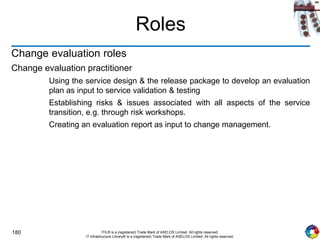 180 ITIL® is a (registered) Trade Mark of AXELOS Limited. All rights reserved.
IT Infrastructure Library® is a (registered) Trade Mark of AXELOS Limited. All rights reserved.
Roles
Change evaluation roles
Change evaluation practitioner
Using the service design & the release package to develop an evaluation
plan as input to service validation & testing
Establishing risks & issues associated with all aspects of the service
transition, e.g. through risk workshops.
Creating an evaluation report as input to change management.
 