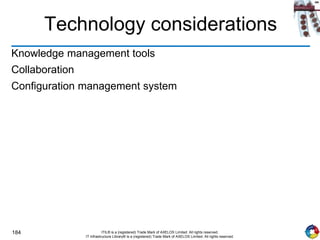 184 ITIL® is a (registered) Trade Mark of AXELOS Limited. All rights reserved.
IT Infrastructure Library® is a (registered) Trade Mark of AXELOS Limited. All rights reserved.
Technology considerations
Knowledge management tools
Collaboration
Configuration management system
 