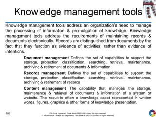 186 ITIL® is a (registered) Trade Mark of AXELOS Limited. All rights reserved.
IT Infrastructure Library® is a (registered) Trade Mark of AXELOS Limited. All rights reserved.
Knowledge management tools
Knowledge management tools address an organization’s need to manage
the processing of information & promulgation of knowledge. Knowledge
management tools address the requirements of maintaining records &
documents electronically. Records are distinguished from documents by the
fact that they function as evidence of activities, rather than evidence of
intentions.
Document management Defines the set of capabilities to support the
storage, protection, classification, searching, retrieval, maintenance,
archiving & retirement of documents & information
Records management Defines the set of capabilities to support the
storage, protection, classification, searching, retrieval, maintenance,
archiving & retirement of records
Content management The capability that manages the storage,
maintenance & retrieval of documents & information of a system or
website. The result is often a knowledge asset represented in written
words, figures, graphics & other forms of knowledge presentation.
 