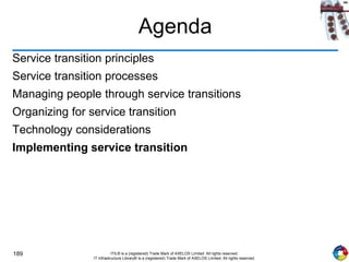 189 ITIL® is a (registered) Trade Mark of AXELOS Limited. All rights reserved.
IT Infrastructure Library® is a (registered) Trade Mark of AXELOS Limited. All rights reserved.
Agenda
Service transition principles
Service transition processes
Managing people through service transitions
Organizing for service transition
Technology considerations
Implementing service transition
 