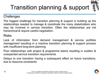 19 ITIL® is a (registered) Trade Mark of AXELOS Limited. All rights reserved.
IT Infrastructure Library® is a (registered) Trade Mark of AXELOS Limited. All rights reserved.
Transition planning & support
Challenges
The biggest challenge for transition planning & support is building up the
relationships needed to manage & coordinate the many stakeholders who
may be involved in service transition. Often the relationships are not
hierarchical & require careful negotiation.
Risks
Lack of information from demand management & service portfolio
management resulting in a reactive transition planning & support process
with insufficient long-term planning
Poor relationships with project & programme teams resulting in sudden &
unexpected service transition requirements
Delays to one transition having a subsequent effect on future transitions,
due to resource constraints
 
