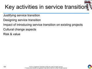 191 ITIL® is a (registered) Trade Mark of AXELOS Limited. All rights reserved.
IT Infrastructure Library® is a (registered) Trade Mark of AXELOS Limited. All rights reserved.
Key activities in service transition
Justifying service transition
Designing service transition
Impact of introducing service transition on existing projects
Cultural change aspects
Risk & value
 