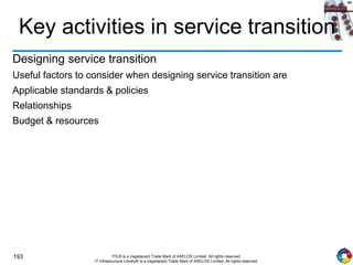 193 ITIL® is a (registered) Trade Mark of AXELOS Limited. All rights reserved.
IT Infrastructure Library® is a (registered) Trade Mark of AXELOS Limited. All rights reserved.
Key activities in service transition
Designing service transition
Useful factors to consider when designing service transition are
Applicable standards & policies
Relationships
Budget & resources
 