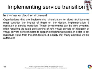 198 ITIL® is a (registered) Trade Mark of AXELOS Limited. All rights reserved.
IT Infrastructure Library® is a (registered) Trade Mark of AXELOS Limited. All rights reserved.
Implementing service transition
In a virtual or cloud environment
Organizations that are implementing virtualization or cloud architectures
must consider the impact of these on the design, implementation &
operation of service transition. These environments can be very dynamic,
often requiring the rapid provisioning of new virtual servers or migration of
virtual servers between hosts to support changing workloads. In order to get
maximum value from the architecture, it is likely that many activities will be
automated
 
