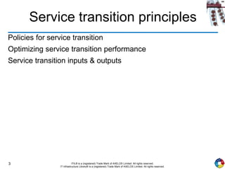 3 ITIL® is a (registered) Trade Mark of AXELOS Limited. All rights reserved.
IT Infrastructure Library® is a (registered) Trade Mark of AXELOS Limited. All rights reserved.
Service transition principles
Policies for service transition
Optimizing service transition performance
Service transition inputs & outputs
 