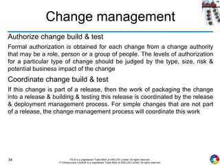 34 ITIL® is a (registered) Trade Mark of AXELOS Limited. All rights reserved.
IT Infrastructure Library® is a (registered) Trade Mark of AXELOS Limited. All rights reserved.
Change management
Authorize change build & test
Formal authorization is obtained for each change from a change authority
that may be a role, person or a group of people. The levels of authorization
for a particular type of change should be judged by the type, size, risk &
potential business impact of the change
Coordinate change build & test
If this change is part of a release, then the work of packaging the change
into a release & building & testing this release is coordinated by the release
& deployment management process. For simple changes that are not part
of a release, the change management process will coordinate this work
 