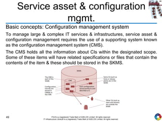49 ITIL® is a (registered) Trade Mark of AXELOS Limited. All rights reserved.
IT Infrastructure Library® is a (registered) Trade Mark of AXELOS Limited. All rights reserved.
Service asset & configuration
mgmt.
Basic concepts: Configuration management system
To manage large & complex IT services & infrastructures, service asset &
configuration management requires the use of a supporting system known
as the configuration management system (CMS).
The CMS holds all the information about CIs within the designated scope.
Some of these items will have related specifications or files that contain the
contents of the item & these should be stored in the SKMS.
 
