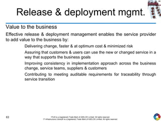 63 ITIL® is a (registered) Trade Mark of AXELOS Limited. All rights reserved.
IT Infrastructure Library® is a (registered) Trade Mark of AXELOS Limited. All rights reserved.
Release & deployment mgmt.
Value to the business
Effective release & deployment management enables the service provider
to add value to the business by:
Delivering change, faster & at optimum cost & minimized risk
Assuring that customers & users can use the new or changed service in a
way that supports the business goals
Improving consistency in implementation approach across the business
change, service teams, suppliers & customers
Contributing to meeting auditable requirements for traceability through
service transition
 