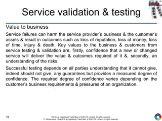 78 ITIL® is a (registered) Trade Mark of AXELOS Limited. All rights reserved.
IT Infrastructure Library® is a (registered) Trade Mark of AXELOS Limited. All rights reserved.
Service validation & testing
Value to business
Service failures can harm the service provider’s business & the customer’s
assets & result in outcomes such as loss of reputation, loss of money, loss
of time, injury & death. Key values to the business & customers from
service testing & validation are, firstly, confidence that a new or changed
service will deliver the value & outcomes required of it &, secondly, an
understanding of the risks.
Successful testing depends on all parties understanding that it cannot give,
indeed should not give, any guarantees but provides a measured degree of
confidence. The required degree of confidence varies depending on the
customer’s business requirements & pressures of an organization.
 
