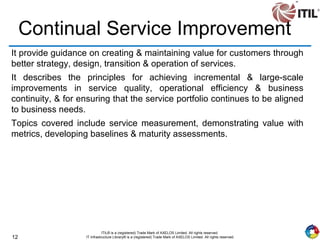 12
ITIL® is a (registered) Trade Mark of AXELOS Limited. All rights reserved.
IT Infrastructure Library® is a (registered) Trade Mark of AXELOS Limited. All rights reserved.
Continual Service Improvement
It provide guidance on creating & maintaining value for customers through
better strategy, design, transition & operation of services.
It describes the principles for achieving incremental & large-scale
improvements in service quality, operational efficiency & business
continuity, & for ensuring that the service portfolio continues to be aligned
to business needs.
Topics covered include service measurement, demonstrating value with
metrics, developing baselines & maturity assessments.
 