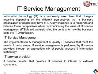 18
ITIL® is a (registered) Trade Mark of AXELOS Limited. All rights reserved.
IT Infrastructure Library® is a (registered) Trade Mark of AXELOS Limited. All rights reserved.
IT Service Management
Information technology (IT) is a commonly used term that changes
meaning depending on the different perspectives that a business
organization or people may have of it. A key challenge is to recognize and
balance these perspectives when communicating the value of IT service
management (ITSM) and understanding the context for how the business
sees the IT Organization.
IT Service Management
The implementation & management of quality IT services that meet the
needs of the business. IT service management is performed by IT service
providers through an appropriate mix of people, process & information
technology.
IT service provider
A service provider that provides IT services to internal or external
customers.
 
