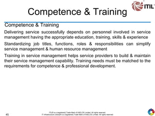 45
ITIL® is a (registered) Trade Mark of AXELOS Limited. All rights reserved.
IT Infrastructure Library® is a (registered) Trade Mark of AXELOS Limited. All rights reserved.
Competence & Training
Competence & Training
Delivering service successfully depends on personnel involved in service
management having the appropriate education, training, skills & experience
Standardizing job titles, functions, roles & responsibilities can simplify
service management & human resource management
Training in service management helps service providers to build & maintain
their service management capability. Training needs must be matched to the
requirements for competence & professional development.
 