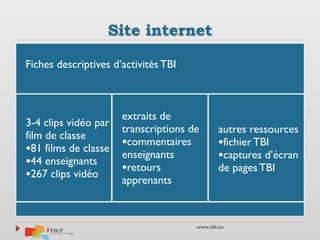 www.itilt.eu
Site internet
Fiches descriptives d’activités TBI
3-4 clips vidéo par
film de classe
•81 films de classe
•44 enseignants
•267 clips vidéo
extraits de
transcriptions de
•commentaires
enseignants
•retours
apprenants
autres ressources
•fichier TBI
•captures d’écran
de pages TBI
 