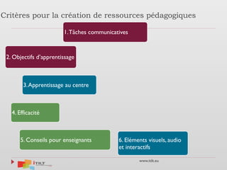 www.itilt.eu
Critères pour la création de ressources pédagogiques
1.Tâches communicatives
2. Objectifs d’apprentissage
3.Apprentissage au centre
4. Efficacité
5. Conseils pour enseignants 6. Eléments visuels, audio
et interactifs
 